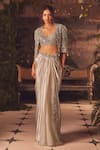 Roqa_Ivory Net, Modal, Satin Embroidery, Sequins Designer Jacket Blouse Skirt Set 
