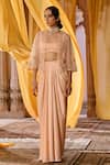 Buy_Zoon_Peach Net, Satin Sequins, Embroidery Open Neck, Scoop Aari Jacket Skirt Set _Online_at_Aza_Fashions