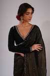 Kalakari By Akanksha_Black Organza, Tissue, Chanderi Silk Embroidery V-neck, Begum Saree And Blouse _at_Aza_Fashions