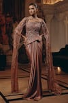 Buy_Adaara Couture_Rose Gold Net, Satin, Crepe Sequins Square Embellished Saree Gown With Cape _at_Aza_Fashions