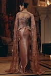 Shop_Adaara Couture_Rose Gold Net, Satin, Crepe Sequins Square Embellished Saree Gown With Cape _at_Aza_Fashions