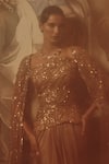 Shop_Adaara Couture_Rose Gold Net, Satin, Crepe Sequins Square Embellished Saree Gown With Cape _Online_at_Aza_Fashions
