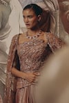 Adaara Couture_Rose Gold Net, Satin, Crepe Sequins Square Embellished Saree Gown With Cape _at_Aza_Fashions