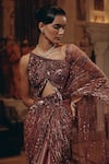 Adaara Couture_Pink Net, Satin, Crepe Sequins, Embellished Saree Gown With Cut-out Detail _at_Aza_Fashions