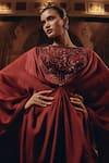 Buy_Adaara Couture_Burgundy Satin, Chiffon Embroidery, Sequins, Beads Boat Net And Kaftan With Cape _Online_at_Aza_Fashions