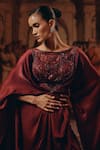 Adaara Couture_Burgundy Satin, Chiffon Embroidery, Sequins, Beads Boat Net And Kaftan With Cape _at_Aza_Fashions