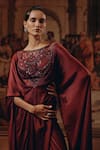 Buy_Adaara Couture_Burgundy Satin, Chiffon Embroidery, Sequins, Beads Boat Net And Kaftan With Cape 