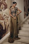 Adaara Couture_Olive Green Satin, Chiffon, Net Embellished Cut-out Gown With Draped Skirt _Online_at_Aza_Fashions