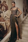 Buy_Adaara Couture_Olive Green Net, Satin, Chiffon Embellished Saree Gown With Cut-out Detail _at_Aza_Fashions