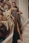 Adaara Couture_Olive Green Net, Satin, Chiffon Embellished Saree Gown With Cut-out Detail _Online_at_Aza_Fashions