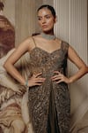 Shop_Adaara Couture_Olive Green Net, Satin, Chiffon Embellished Saree Gown With Cut-out Detail _Online_at_Aza_Fashions