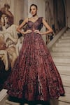 Adaara Couture_Wine Net, Satin, Crepe Sequins, Embroidery Sweetheart Cut-out Gown With Cancan _at_Aza_Fashions