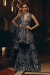 Buy_Adaara Couture_Navy Net, Silk, Satin Sequins, Embroidery Peplum Kurta And Tiered Sharara Set _at_Aza_Fashions