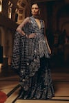 Buy_Adaara Couture_Navy Net, Silk, Satin Sequins, Embroidery Peplum Kurta And Tiered Sharara Set _Online_at_Aza_Fashions