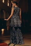 Shop_Adaara Couture_Navy Net, Silk, Satin Sequins, Embroidery Peplum Kurta And Tiered Sharara Set _at_Aza_Fashions