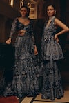 Adaara Couture_Navy Net, Silk, Satin Sequins, Embroidery Peplum Kurta And Tiered Sharara Set _at_Aza_Fashions