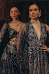 Buy_Adaara Couture_Navy Net, Silk, Satin Sequins, Embroidery Peplum Kurta And Tiered Sharara Set 