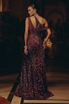 Shop_Adaara Couture_Burgundy Net, Silk, Satin Sequins, Beads, Embellished Gown With Detail _at_Aza_Fashions