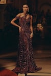 Buy_Adaara Couture_Burgundy Net, Silk, Satin Sequins, Beads, Embellished Gown With Detail _at_Aza_Fashions