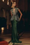Buy_Adaara Couture_Emerald Green Net Sequins, Beads, Embellished Peplum Top And Pleated Skirt Set _Online_at_Aza_Fashions