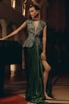Shop_Adaara Couture_Emerald Green Net Sequins, Beads, Embellished Peplum Top And Pleated Skirt Set _Online_at_Aza_Fashions