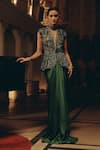 Buy_Adaara Couture_Emerald Green Net Sequins, Beads, Embellished Peplum Top And Pleated Skirt Set _at_Aza_Fashions