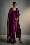 Charkhee_Pink Velvet, Organza Embroidery V-neck Circular Kurta Palazzo Set _Online_at_Aza_Fashions