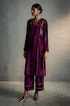 Buy_Charkhee_Pink Velvet, Organza Embroidery V-neck Circular Kurta Palazzo Set _Online_at_Aza_Fashions