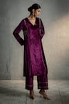 Shop_Charkhee_Pink Velvet, Organza Embroidery V-neck Circular Kurta Palazzo Set _Online_at_Aza_Fashions