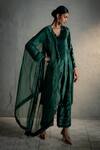 Buy_Charkhee_Green Velvet, Organza Embroidery, Sequins, Metallic Circular Kurta Palazzo Set _at_Aza_Fashions