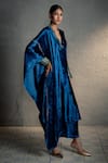 Buy_Charkhee_Blue Velvet Embroidery, Sequins V-neck Placed Kurta Set _Online_at_Aza_Fashions