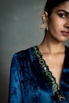 Shop_Charkhee_Blue Velvet Embroidery, Sequins V-neck Placed Kurta Set _Online_at_Aza_Fashions