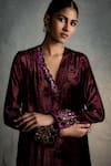 Charkhee_Brown Velvet Embroidery, Sequins Split V-neck Placed Kurta Set _at_Aza_Fashions
