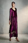 Charkhee_Pink Velvet, Organza Embroidery, Sequins Split V-neck Placed Kurta Palazzo Set _Online_at_Aza_Fashions