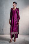 Buy_Charkhee_Pink Velvet, Organza Embroidery, Sequins Split V-neck Placed Kurta Palazzo Set _Online_at_Aza_Fashions