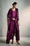 Shop_Charkhee_Pink Velvet, Organza Embroidery, Sequins Split V-neck Placed Kurta Palazzo Set _Online_at_Aza_Fashions