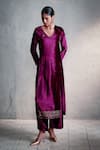 Charkhee_Pink Velvet, Organza Embroidery, Sequins Split V-neck Placed Kurta Palazzo Set _Online