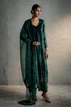 Charkhee_Green Velvet, Organza Embroidery, Sequins V-neck Placed Kurta Palazzo Set _Online_at_Aza_Fashions