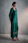 Shop_Charkhee_Green Velvet, Organza Embroidery, Sequins V-neck Placed Kurta Palazzo Set _Online_at_Aza_Fashions