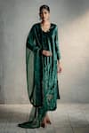 Buy_Charkhee_Green Velvet, Organza Embroidery, Sequins V-neck Placed Kurta Palazzo Set _at_Aza_Fashions