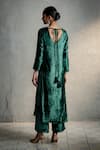 Shop_Charkhee_Green Velvet, Organza Embroidery, Sequins V-neck Placed Kurta Palazzo Set _at_Aza_Fashions