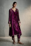 Shop_Charkhee_Purple Velvet, Organza Embroidery, Metallic Thread, Placed Phiran Kurta Set _Online_at_Aza_Fashions