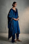 Charkhee_Blue Velvet Embroidery, Metallic Thread, Sequins Phiran Kurta Set With Stole _Online_at_Aza_Fashions
