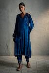 Shop_Charkhee_Blue Velvet Embroidery, Metallic Thread, Sequins Phiran Kurta Set With Stole 