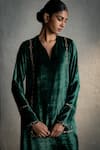 Buy_Charkhee_Green Velvet, Organza Embroidery Split V-neck Circular Placed Kurta Set _Online_at_Aza_Fashions