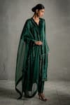Shop_Charkhee_Green Velvet, Organza Embroidery Split V-neck Circular Placed Kurta Set _Online_at_Aza_Fashions