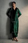 Charkhee_Green Velvet, Organza Embroidery Split V-neck Circular Placed Kurta Set _at_Aza_Fashions