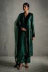 Buy_Charkhee_Green Velvet, Organza Embroidery Split V-neck Circular Placed Kurta Set _at_Aza_Fashions
