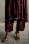 Charkhee_Brown Velvet Embroidery Split V-neck Circular Placed Kurta Set _Online_at_Aza_Fashions