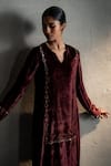 Buy_Charkhee_Brown Velvet Embroidery Split V-neck Circular Placed Kurta Set _Online_at_Aza_Fashions